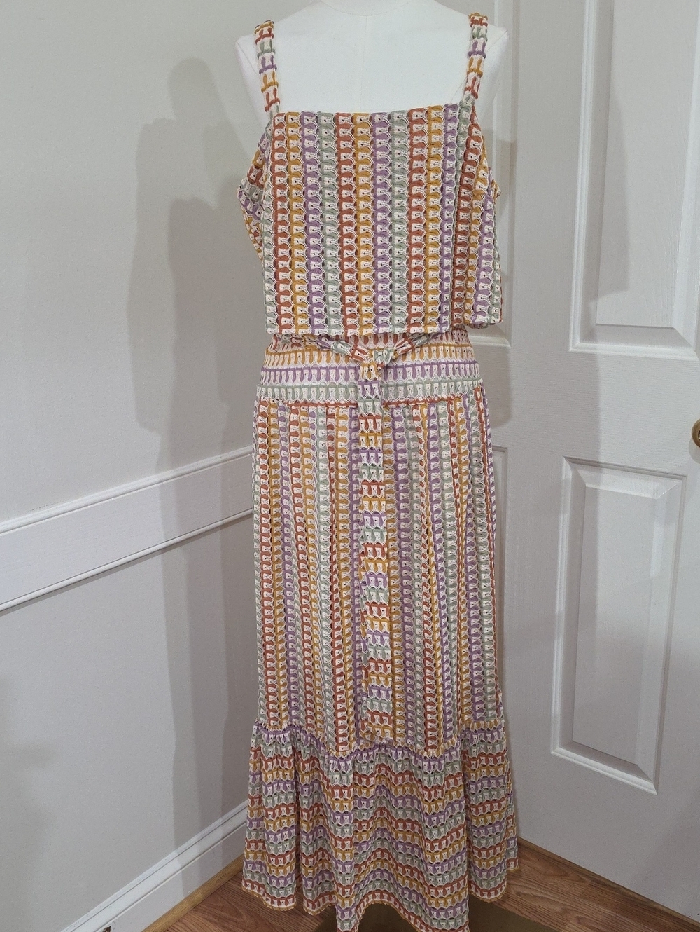 Melonie T Geometric Ikat Tiered Maxi Dress - Square Neck Sleeveless - Size 12